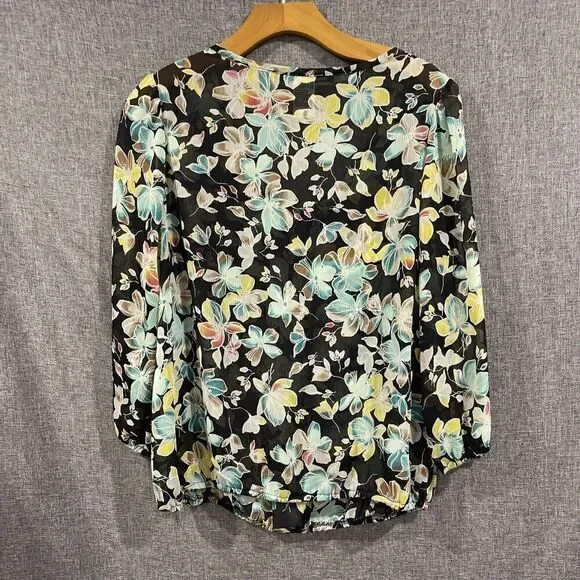 American Rag Women Sz L Black Sheer Floral Bouse Round Tie Neck Balloon Sleeve - Picture 6 of 11